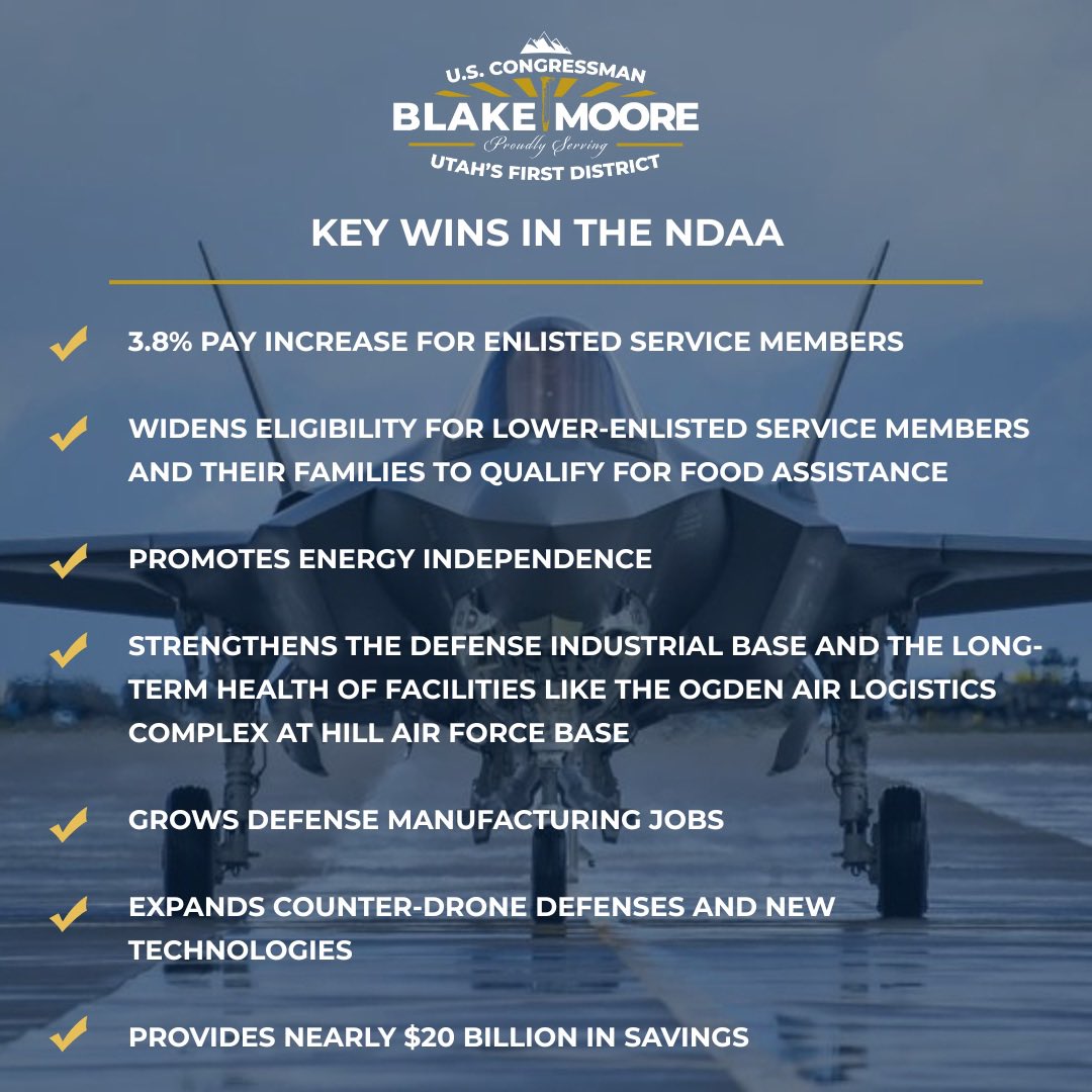 RepBlakeMoore's tweet image. I proudly voted for final passage of the FY26 National Defense Authorization Act, which includes several of my provisions advocating for @HAFB and our service members across the nation, along with other critical wins for our military. 🇺🇸