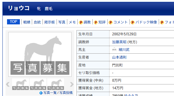 リョウコいたんだ……

リョウコ | 競走馬データ - netkeiba db.netkeiba.com/horse/20021069…

ハドーケン (Hadoken) | 競走馬データ - netkeiba db.netkeiba.com/horse/20001003…

ショウリュウケン (Shoryu Ken) | 競走馬データ - netkeiba db.netkeiba.com/horse/20051001…