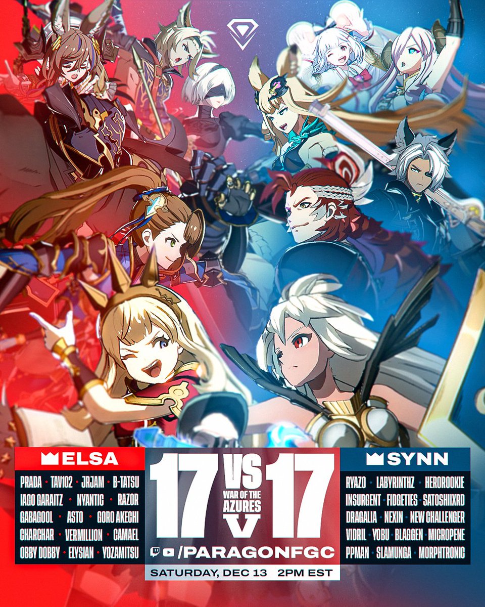 🌅 War of the Azures V | 17 vs 17
🔷 Saturday, December 13th | 2 PM EST

Our biggest War yet, and it can get bigger!

📺 Stream: twitch.tv/ParagonFGC
🎙️ <a href="/ZeroSyndicate/">TNS|Zero, Alex Russ</a> <a href="/aaroncurry_/">JFCA | Aaron Curry @ Frosty Faustings</a>