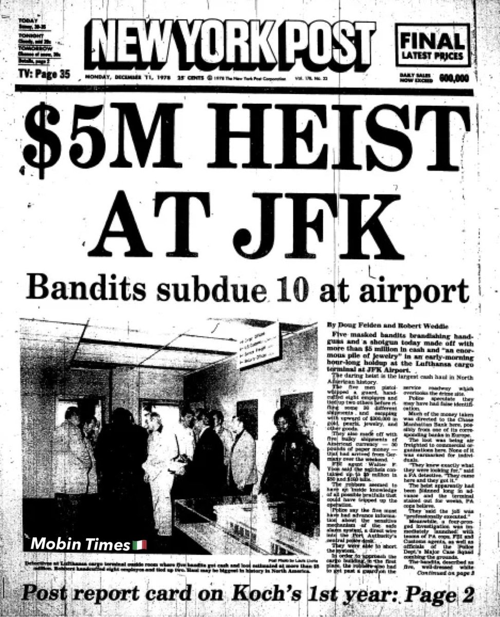 47 yrs ago, the Lufthansa Heist hit JFK! Thieves stole $5.875M in cash &amp; $875K in jewelry—the biggest U.S. theft at the time. Led by Jimmy “The Gent” Burke, the aftermath turned bloody. The heist was later immortalized in Goodfellas. #MobinTimes #LufthansaHeist #Mob #Goodfellas