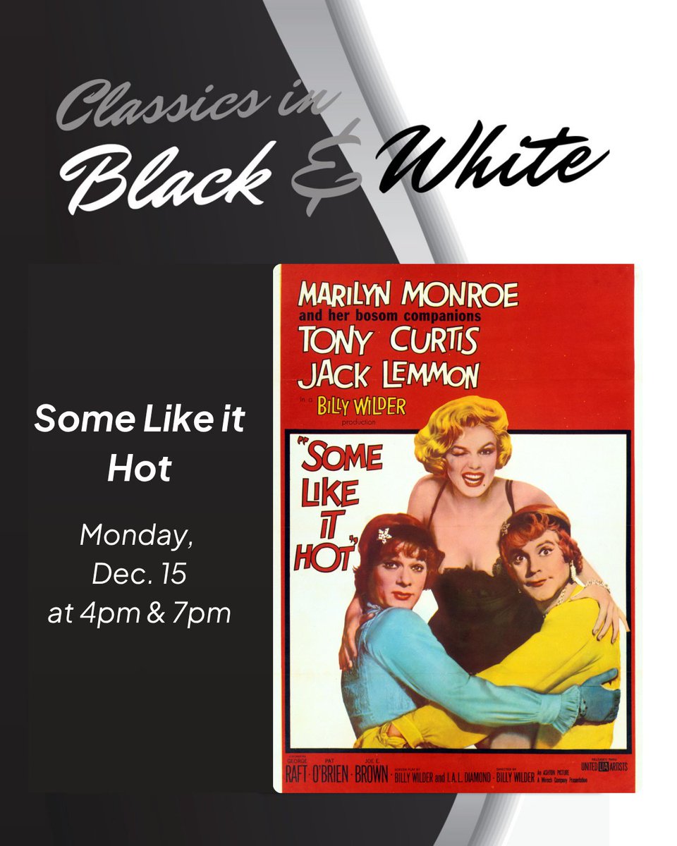 Marilyn Monroe, Jack Lemmon, and Tony Curtis star in Billy Wilder’s iconic comedy SOME LIKE IT HOT – up next as we close out our 2025 #BlackandWhite series Monday, December 15! Get your tickets now! 

Angelikafilmcenter.com