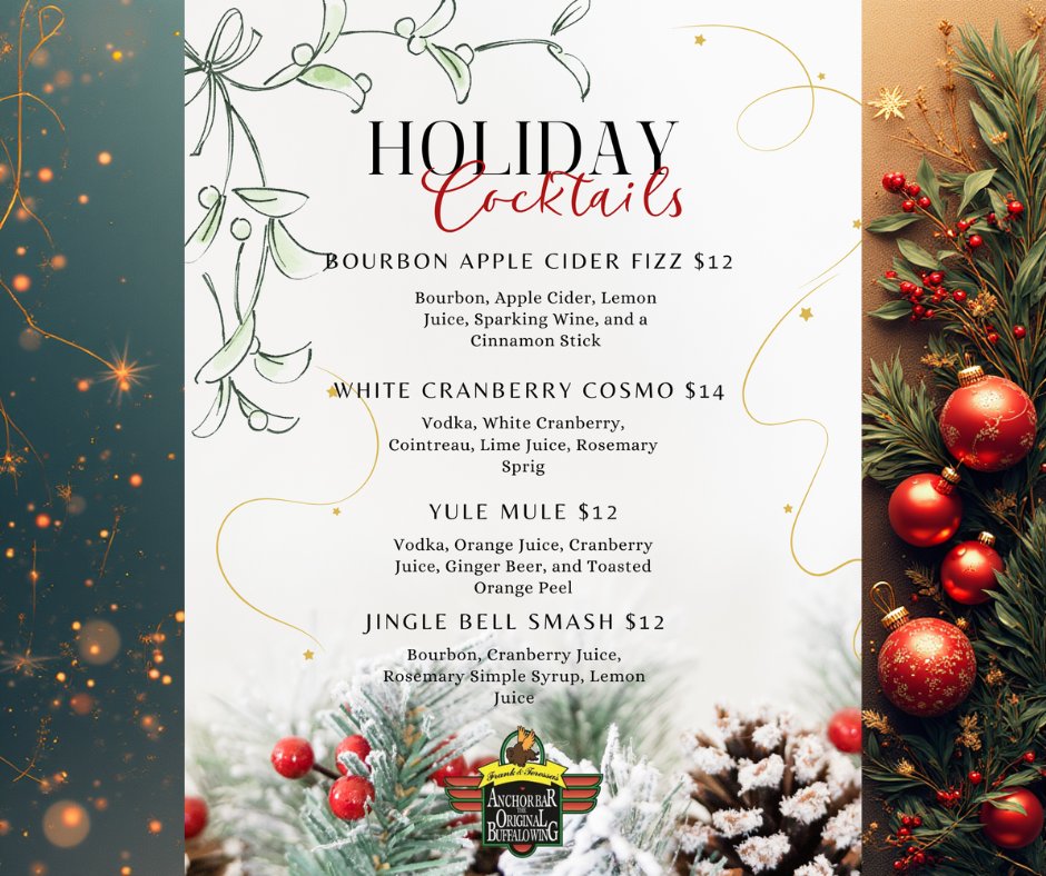 🎉🍹 Celebrate the season at Anchor Bar! Enjoy our festive holiday cocktails that warm your heart &amp; lift your spirits. Join us for classic &amp; innovative sips with friends &amp; family. Don't miss out on the fun! 🥂✨ #HolidayCocktails #AnchorBar #CheersToTheSeason #DrinkResponsibly
