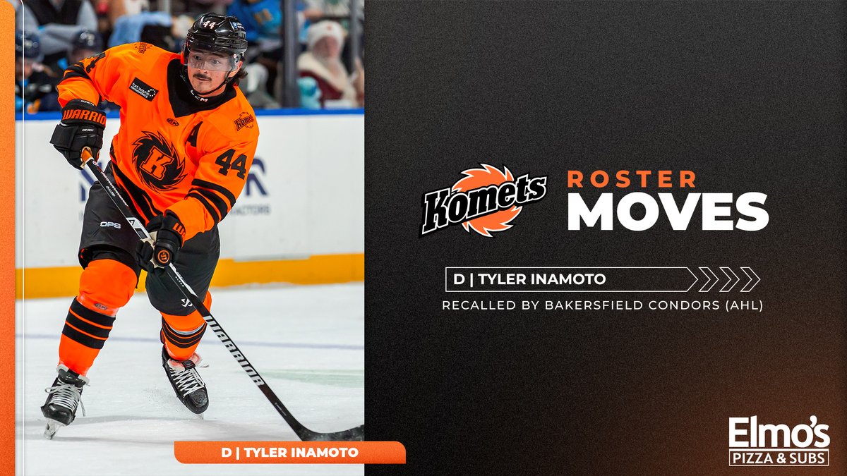 FWKomets's tweet photo. Roster Moves 🔁
Presented by @ElmosPizza 

Defenseman Tyler Inamoto has been recalled by the @Condors. https://t.co/IOJ5WCYjOp