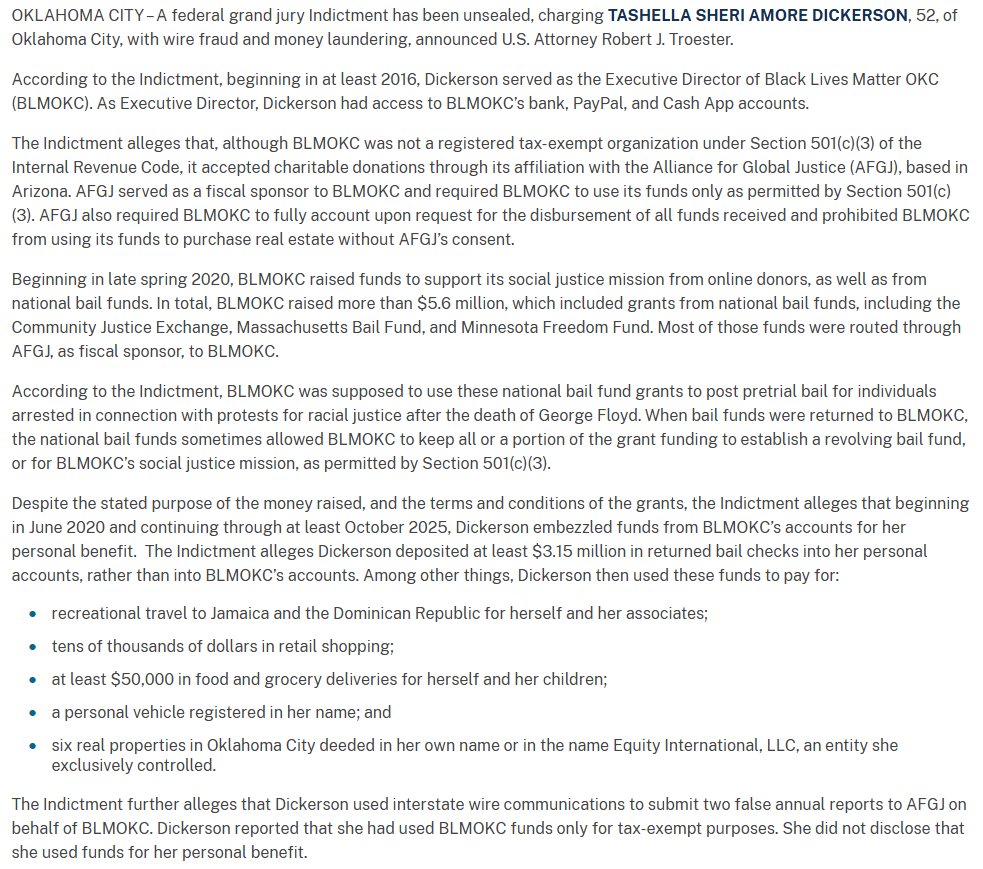 Breaking911's tweet image. BREAKING: Black Lives Matter Okla. City director stole $3.15M in donations, prosecutors say

Tashella Sheri Amore Dickerson faces up to 20 years in federal prison.