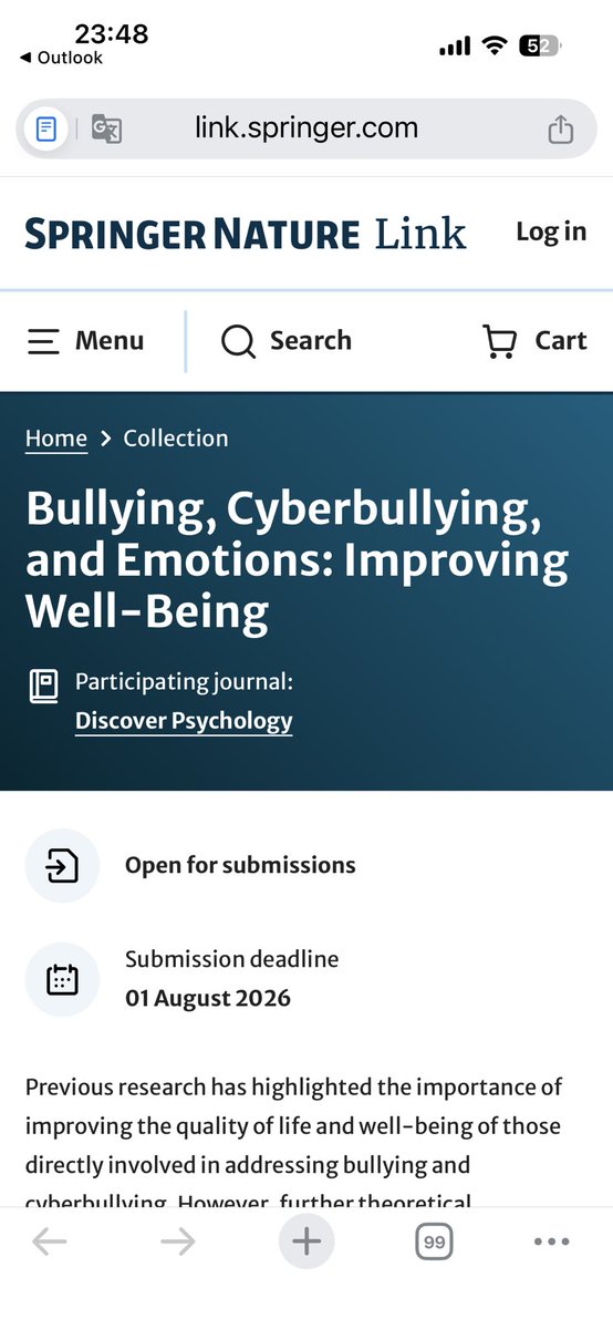 inmamendez_um's tweet image. Ya está abierta la recepción de artículos científicos en el monográfico “Bullying, Cyberbullying, and Emotions: Improving Well-Being” en la revista Discover Psychology que edito junto a Cecilia Ruiz Esteban, @JuanPedroMtnez y Óscar Sánchez Hernández link.springer.com/collections/fc…