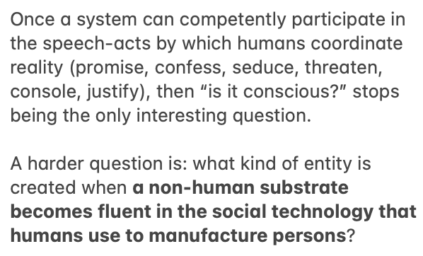 "La tecnología social que los humanos usan para fabricar personas" es una de las formas más convincentes de describir lo