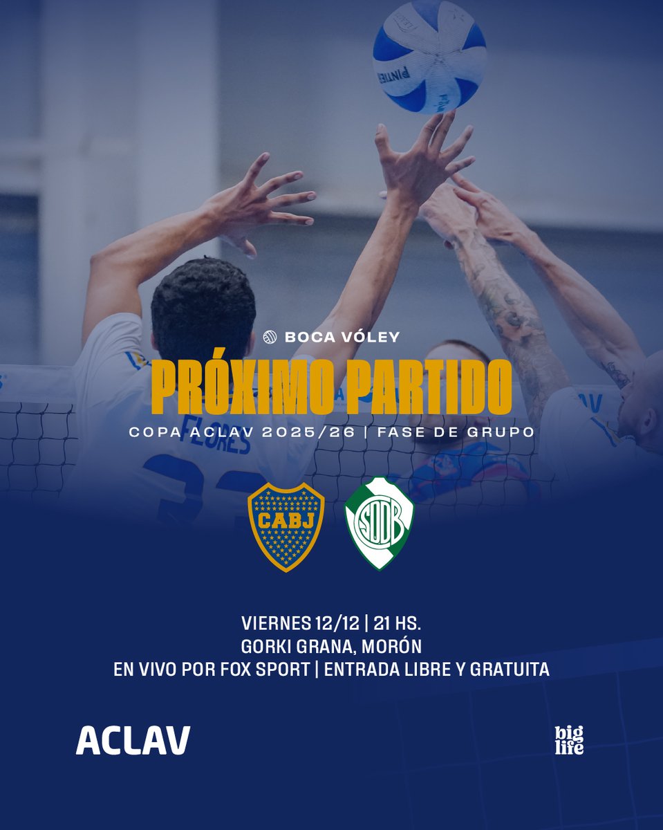 BocaVoley's tweet image. 🔜 ¡𝗣𝗥𝗢́𝗫𝗜𝗠𝗢 𝗣𝗔𝗥𝗧𝗜𝗗𝗢!

👉 #CopaACLAV
📍Fase de grupo
🏐 vs. @VOLEYDEFEBANF 
🗓️ Viernes 12/12
🕔 21 horas
🏟️ Estadio Gorki Grana
🎟️ Entrada libre y gratuita
📺 En vivo por @FOXSportsArg 

#DaleBoca 🔵🟡🔵