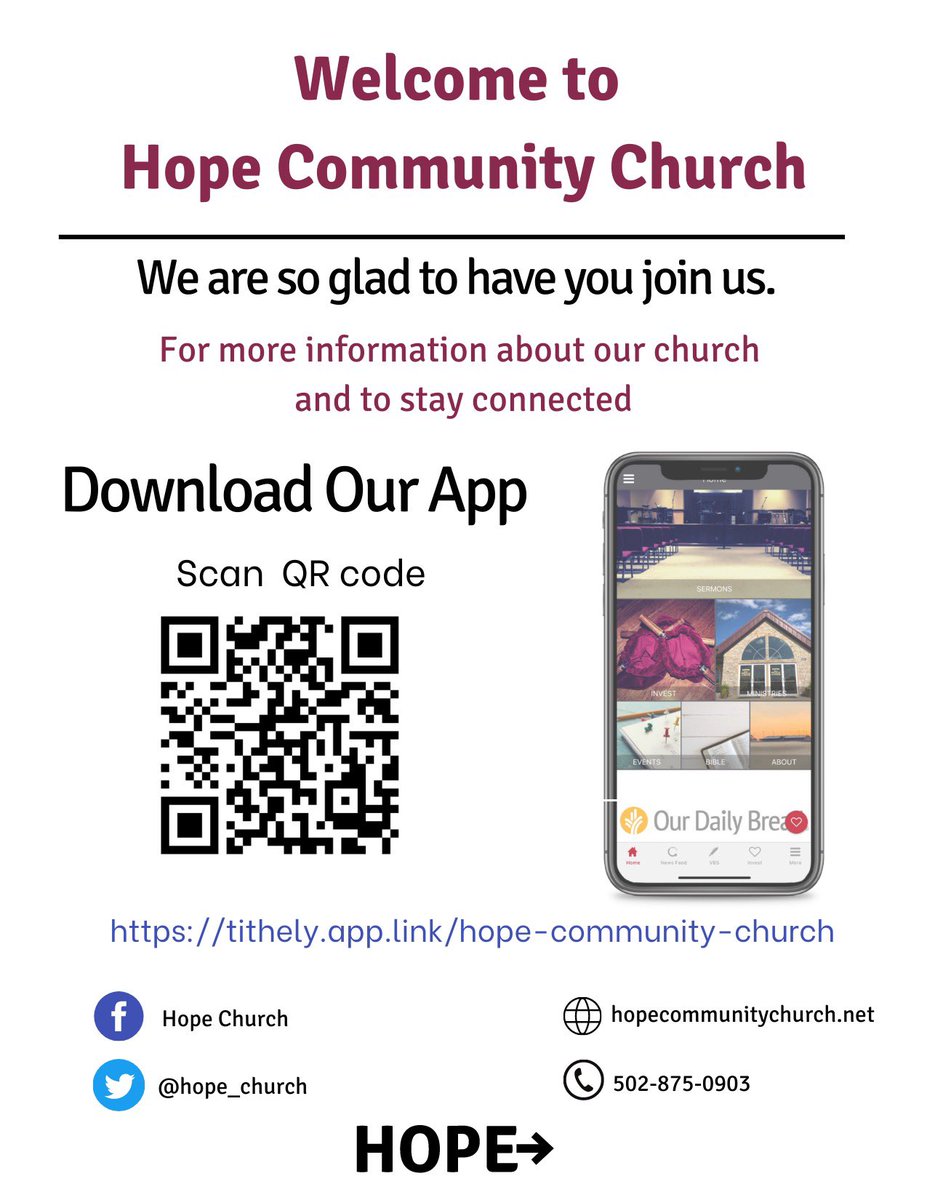 hope_church's tweet photo. Hey Church family!
With the weather looking uncertain, we want to keep you in the loop. Please check our page and download the church app so you don’t miss any important updates about Sunday. Stay safe, and we look forward to worshiping together soon!

https://t.co/xh01l0dKy4 https://t.co/rITwjom0N5