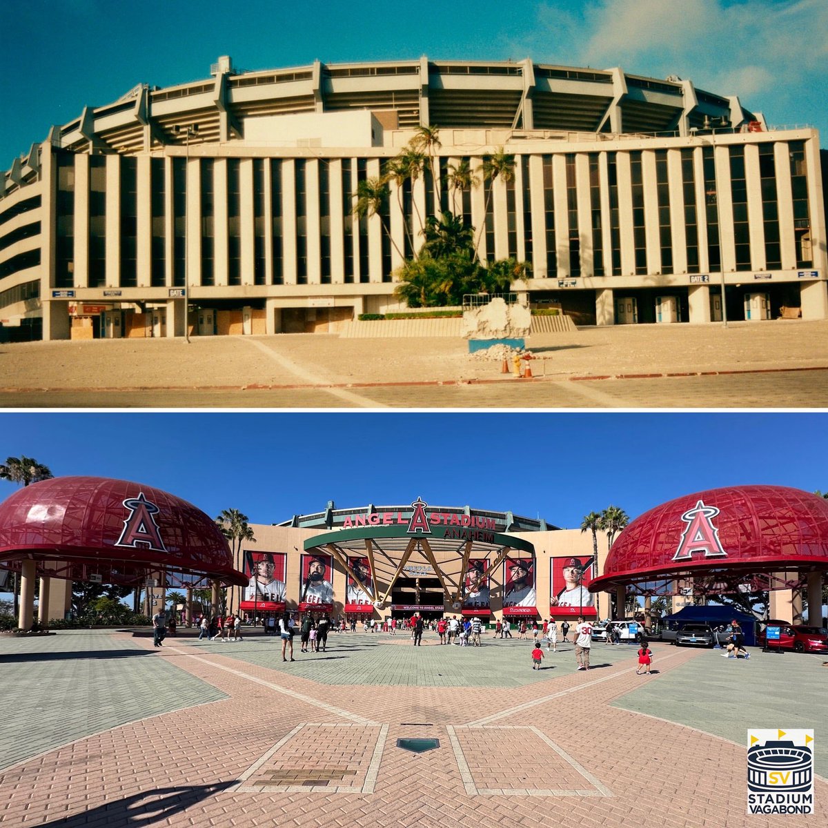 StadiumVagabond's tweet photo. Angel Stadium, Anaheim, CA 🌴
📸 Circa 1997 &amp; 2024
⚾ Home of the LA Angels
🏈 Former home of the LA Rams (1980–1994)
🗓️ Opened: 1966
🪑 Capacity: 45,517

Interior shots show the stadium being downsized after the Rams’ departure 

#LosAngelesAngels #GoHalos #RallyMonkey #MLB https://t.co/rRA5nXvHQR