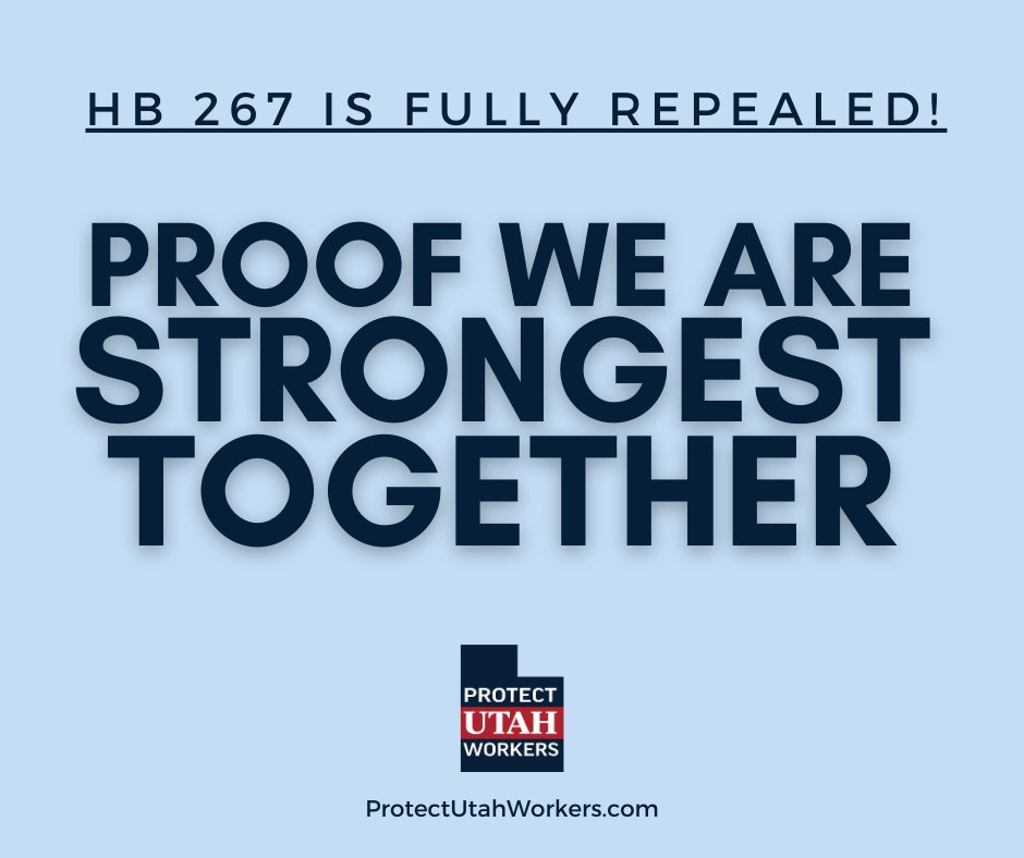 myuea's tweet photo. Utahns just stopped an anti-union political power grab!!  HB 267 was designed to strip public workers of our right to collectively bargain. This is proof we are strongest together! ✊ https://t.co/WsklYAB3AU