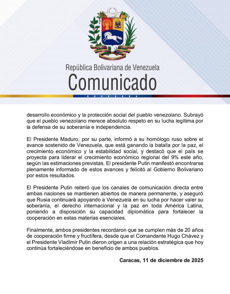 🇻🇪🤝🇷🇺 Maduro y Putin sostuvieron una llamada para revisar avances en la cooperación bilateral. Celebraron 19 acuerdos recientes y discutieron conectividad aérea, vínculos económicos y la próxima CIAN en 2026.
Relación estratégica al 2030.
#EcoDiario #Venezuela #Rusia #Noticias