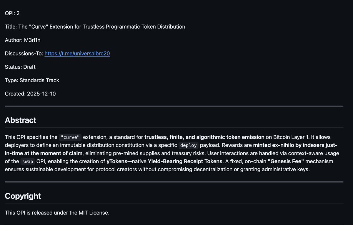 OPI-002 : The "Curve" Extension for Trustless Programmatic Token Distribution
12/12/25: The day Bitcoin birthed its first native bonding curve. 
No bridges, no L2s just raw JSON + OP_RETURN alchemy. 
OPI-002-Curve: Dynamic mint prices that climb with greed, starving dumps,
