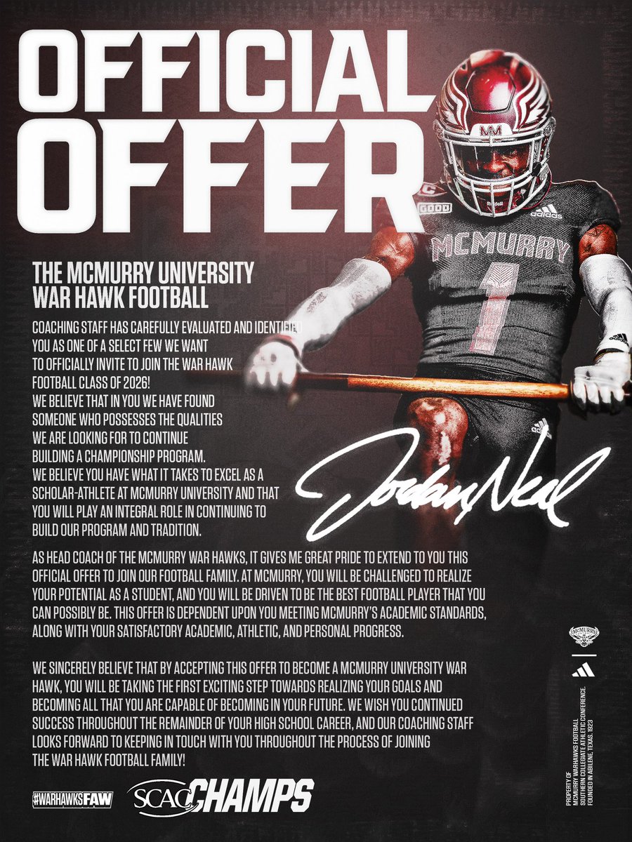 Thank you <a href="/McMURRYFOOTBALL/">McMURRY FOOTBALL</a> for offering me!!!! #AGTG <a href="/IamCoachWash/">Correy Washington</a> <a href="/CoachNealMcM/">JORDAN NEAL</a>