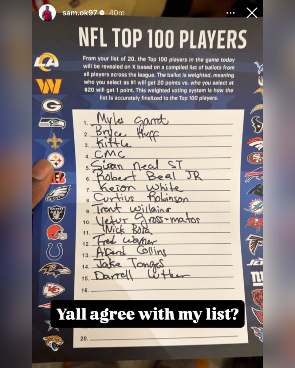 OurSf49ers's tweet image. #49ers Sam Okuayinonu’s NFL Top 100 voting list is great 😂