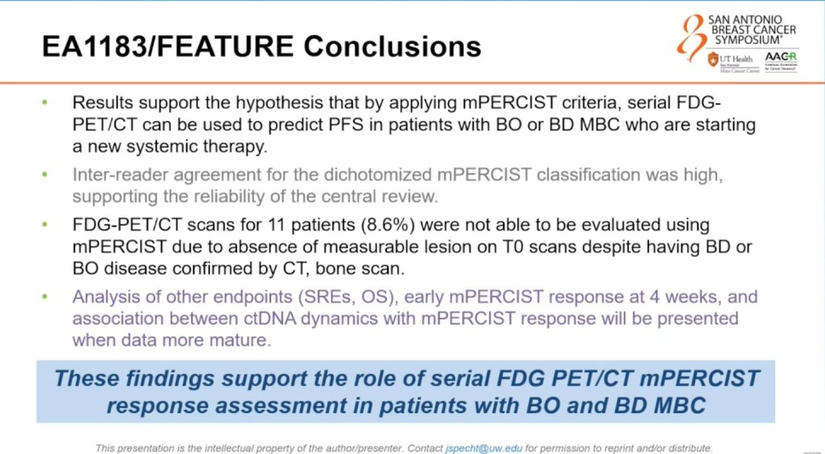 MVanMeterMD's tweet photo. EA1183: Use of FDG-PET/CT and mPERCIST criteria for assessment of treatment response in breast cancer with bone metastases.
@eaonc 
@drjenspecht of @fredhutch #SABCS25 https://t.co/bagH68nxse