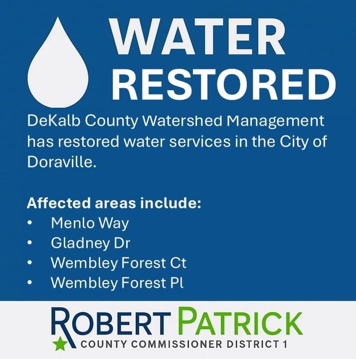 🚧 Water Service Alert

DeKalb County DWM has restored water service after completing repairs to a broken 8" water main in the <a href="/CityofDoraville/">City of Doraville</a> . The outage affected approximately 50-100 customers.

Thank you for your patience while crews completed the repair.