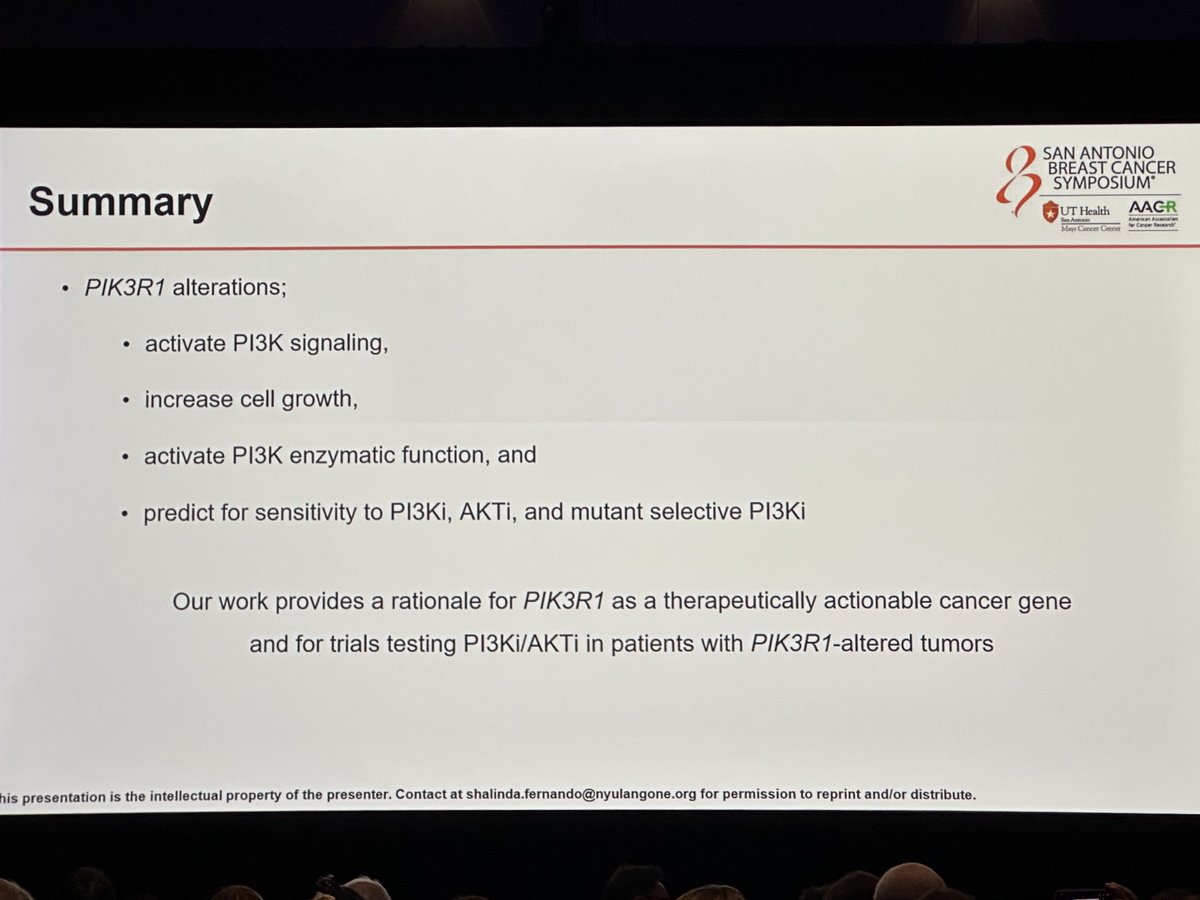 AriellaHanker's tweet photo. Dr. Shalinda Fernando @NeilVasan lab @nyulangone establishes #PIK3R1 mutations as actionable #PI3K pathway alterations in breast cancer. Opportunity for inclusion in trials including mutant selective PI3K inhibitors. And PIK3R1 should be included on liquid biopsy panels! #SABCS25 https://t.co/Fy26uXHWKm