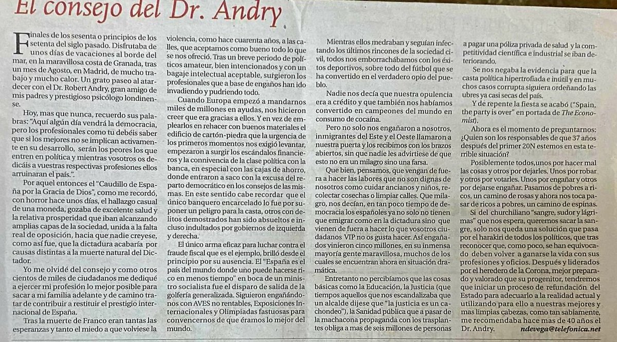 mlalanda's tweet photo. Si los mejores no se implican en política cuando tengais democracia, lo harán los peores y destrozarán el pais.

Palabras de un visionario a finales de los años 60 .

Este antiguo artículo de @Ndevega lo calca
(En El Mundo, en 2010)
Lectura obligada de cómo llegamos aquí...
👇👇 https://t.co/oSDuyHvFuJ