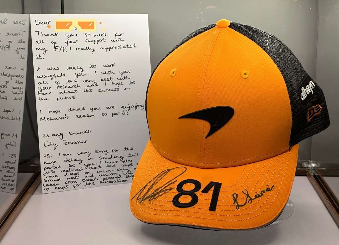 a researcher who helped lily with her final year project was sent a signed cap by her and oscar 🥹🤏🏻