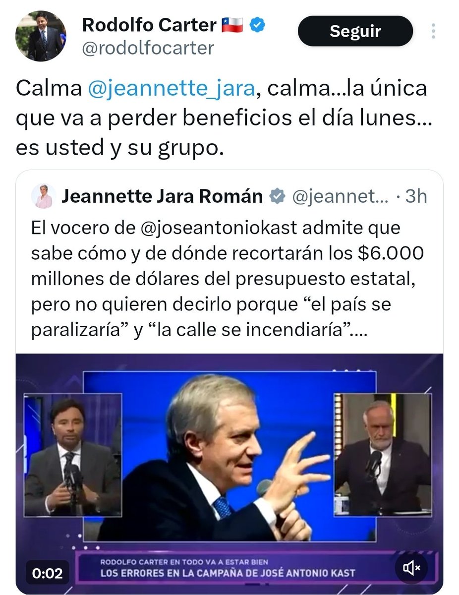 🔴 Rodolfo Carter amenaza a Jeannette Jara. Es una constante republicana hacerse los marchitos detrás de una pantalla.

🔴 Ahora bien, al mismo tiempo demuestra una idiotez galopante, un presidente electo no comienza a gobernar al día siguiente de las elecciones.