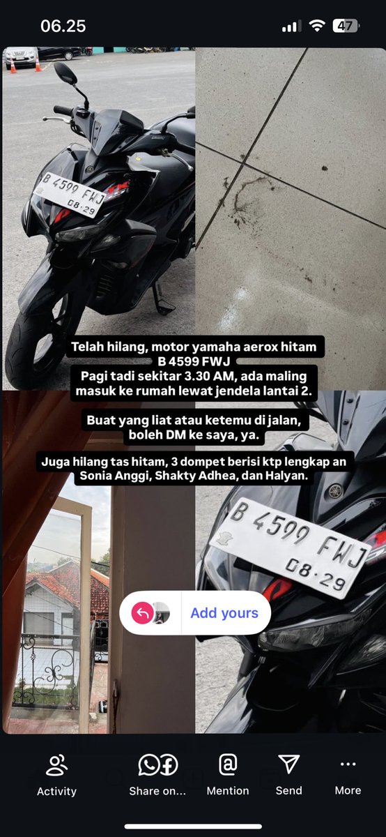 Temen-temen, boleh bantu share, ya.
Tadi pagi rumahku kemasukan maling. Hilang motor 1, dan 3 dompet lengkap isi KTP, SIM dan STNK.

Sumpah ini lemes banget badan 😭😭😭😭😭