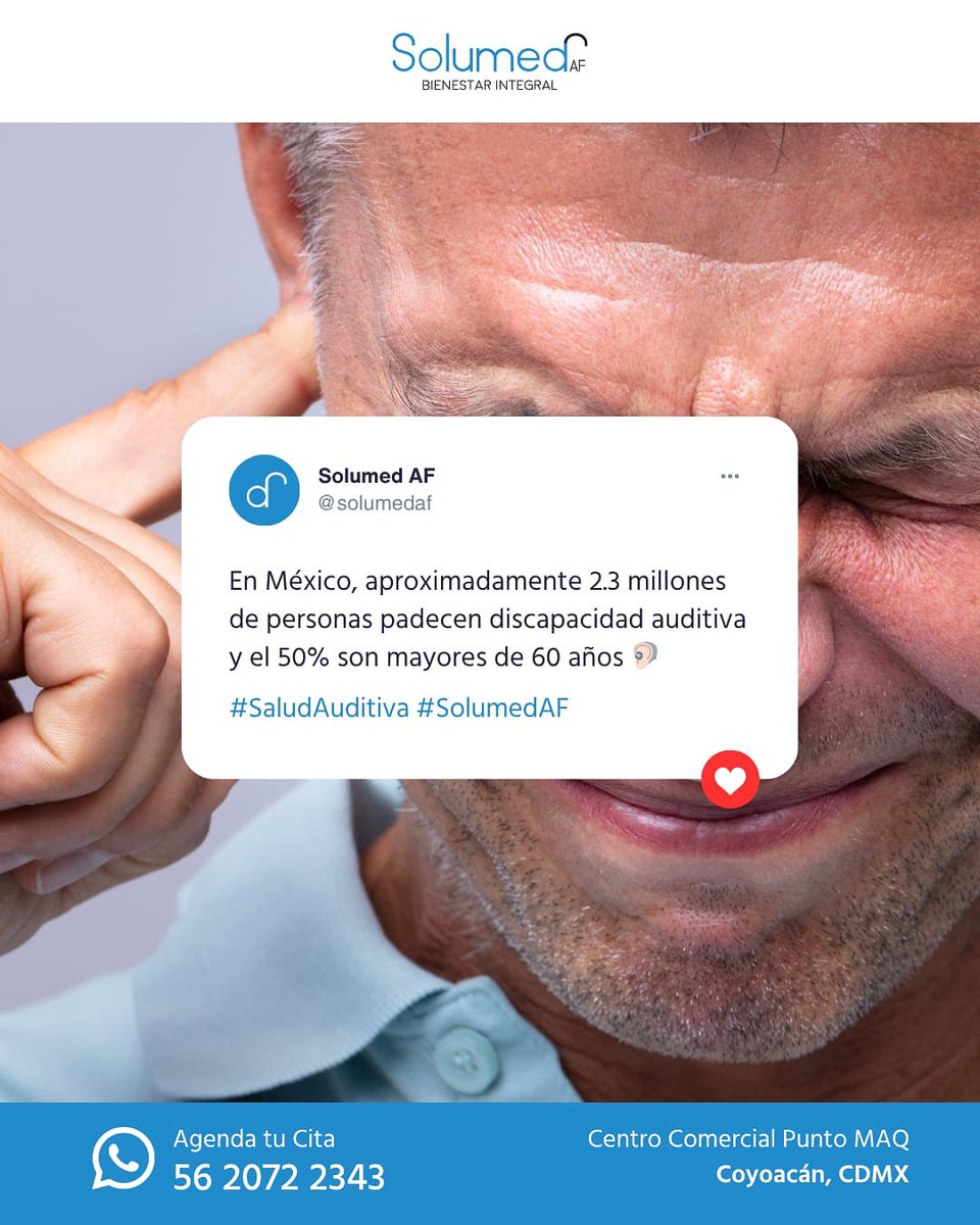 Según datos de la Secretaria de Salud de México, alrededor de 2.3 millones de personas en México tienen una discapacidad auditiva.

En Solumed AF, estamos comprometidos con la concientización y el cuidado de la salud auditiva, porque sabemos que escuchar bien es vivir mejor.