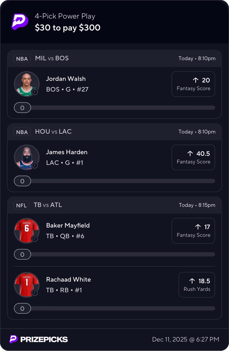 daily_gamble's tweet photo. 🏀NBA &amp; NFL Picks🏈
#NBAX  #Prizepicks #FanDuel #NCAA #DraftKings #DFS #NFL #PrizePicksNBA #DSG ♻️ 
4️⃣ Pick PrizePicks #NBA
Jordan Walsh ⬆️ 20 Fantasy
James Harden ⬆️ 40.5 Fantasy
Baker Mayfield ⬆️ 17 Fantasy
Rachaad White ⬆️ 18.5 Rush Yrds
https://t.co/HoxsRexOFK https://t.co/qzHKlZTCfR