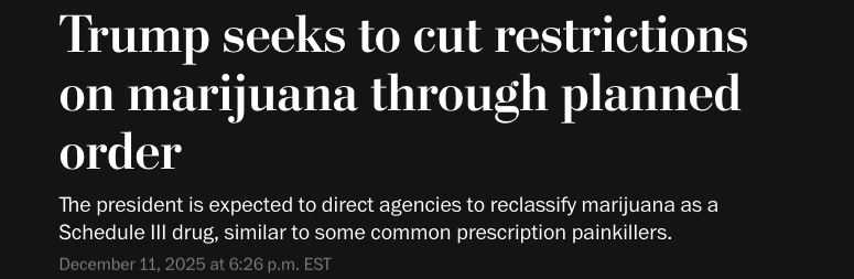 wallstengine's tweet photo. $MSOS | President Trump is planning an order that would direct federal agencies to reclassify marijuana as a Schedule III drug, putting it in the same category as some common prescription painkillers and easing federal restrictions on cannabis and its derivatives. 

Source: WaPo https://t.co/7LtVKhT3XG