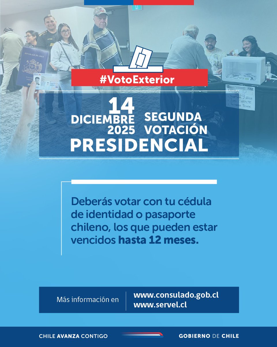 🗳️ #VotoExterior | Para votar en la segunda votación Presidencial deberás presentar tu cédula de identidad o pasaporte chileno, ningún otro documento puede acreditar tu identidad.
Más información en bit.ly/votoexterior14…