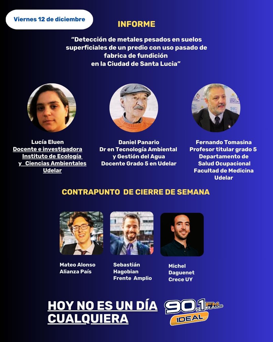🔴 Viernes 12
#hoynoesundiacualquiera
🕧 18 horas
📻 @901fmideal 

Informe
“Detección de metales pesados en suelos superficiales de un predio con uso pasado de fábrica de fundición 
en la Ciudad de Santa Lucía” 

Con entrevistas a :

<a href="/EluenLucia78939/">Lucía Eluén</a> 
Docente e investigadora