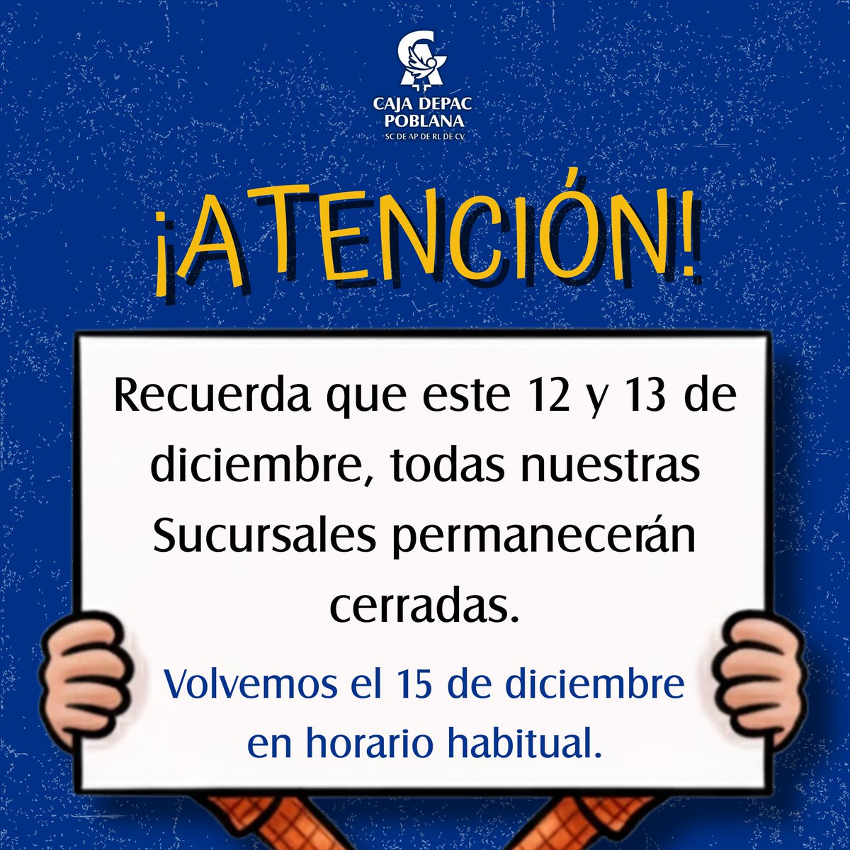 📢 Aviso importante para nuestros socios

Este 12 y 13 de diciembre todas nuestras sucursales permanecerán cerradas.

⏰ Recuerda que normalmente atendemos de Lunes a Viernes de 9:00 a 16:00 hrs y Sábados de 9:30 a 12:30 hrs.

¡Gracias por tu comprensión!