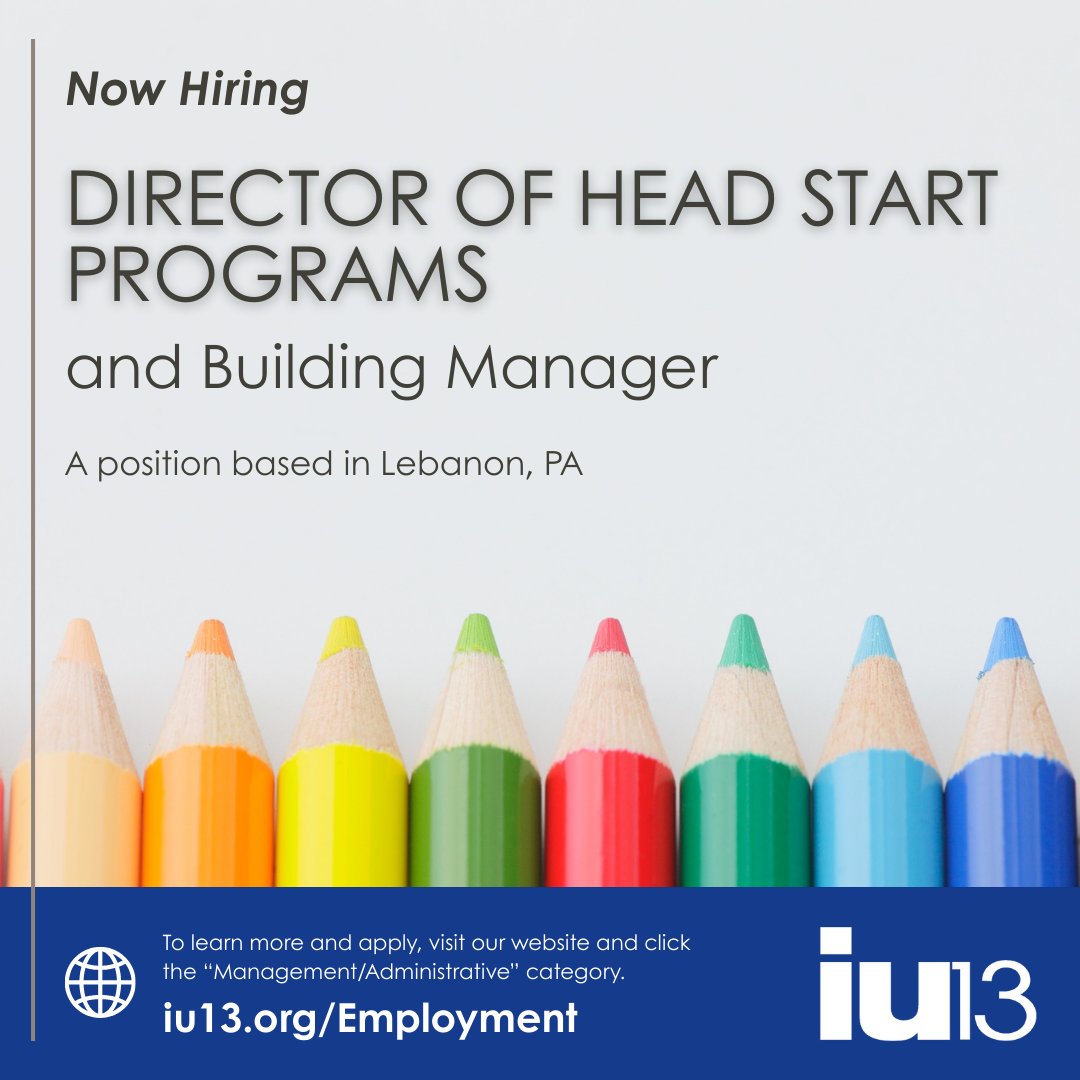 📢 Join Our Team! IU13 is hiring a Director of Head Start &amp; Building Manager to lead programs that make a big impact for kids &amp; families in Lebanon County.
✔ Master’s in Early Childhood Ed OR progressive supervisory experience required.
Apply now: hubs.li/Q03VYWkw0