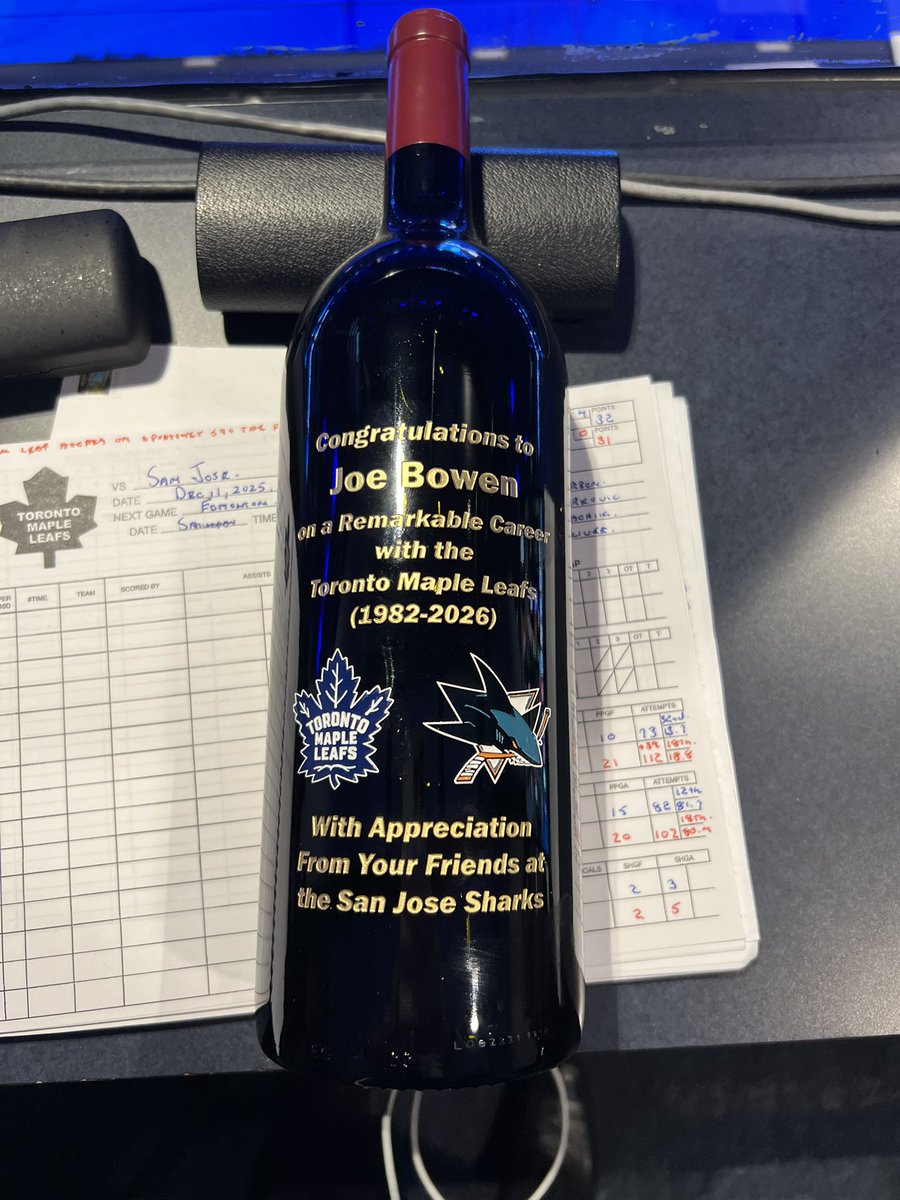 Bonsie1951's tweet photo. Thanks to Randy Hahn,Drew Remenda, Dan Rasanowsky and Owen Nolan as well as the @SanJoseSharks for a very nice tribute gift. First class organisation. Loved doing games in the Shark Tank!!! https://t.co/DRkK02FtGS