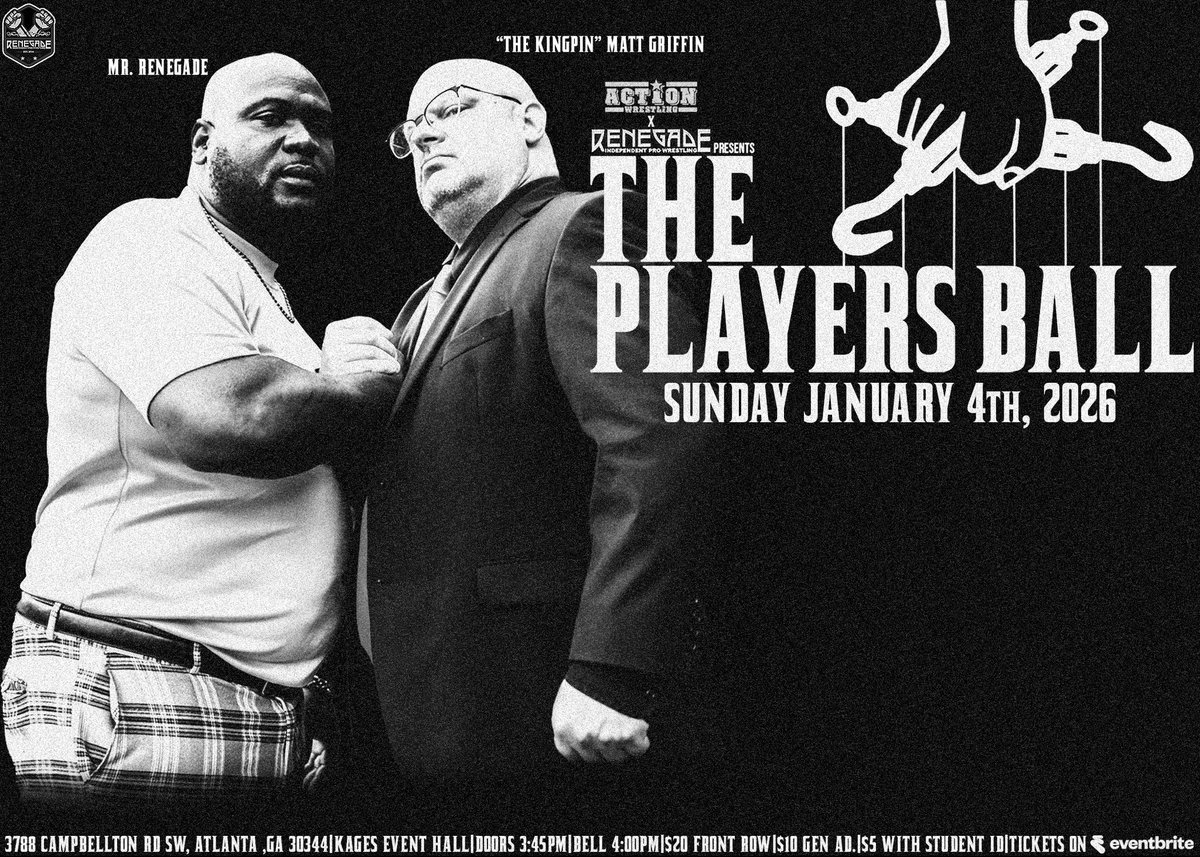 RIPWrestling's tweet image. 🚨RIPW And Action Wrestling  Presents PLAYERS BALL 🚨

3788 Campbellton Road Atlanta Ga 🎟️ 5$ with school ID 20$ Front Row 10$ general Doors Open 🚪3:45 Belltime 🔔 4pm tickets available on Eventbrite #atlanta #wrestling #prowrestling