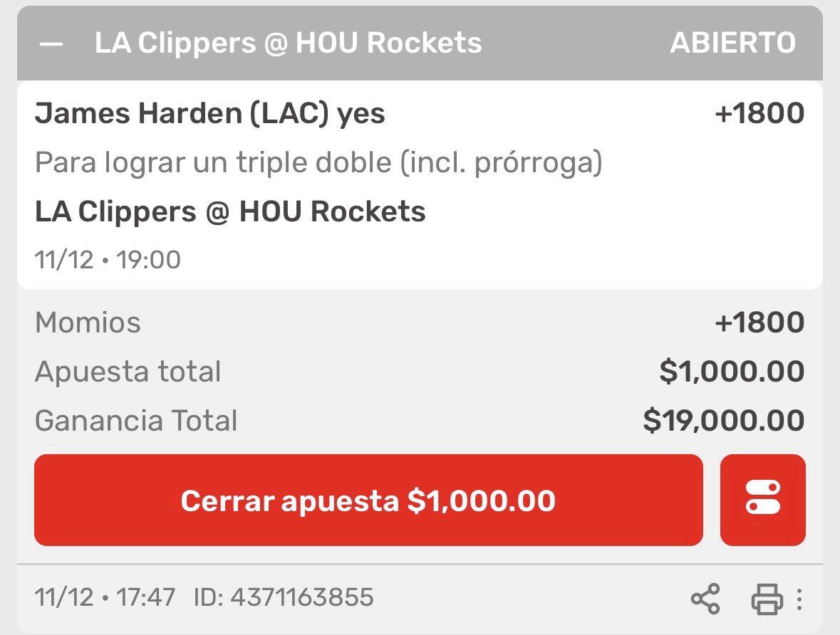 #ClipperNation

James Harden Triple Double +1800 

Le iba apostar  2,000$ pero solo me dejó 1,000$ así que los otros 1,000 le puse al TD de Sengun también. 

¿Por qué Harden? Está jugando su juego 666 de visita incluyendo play offs 

❤️ RT 🔁 si me vas a seguir.