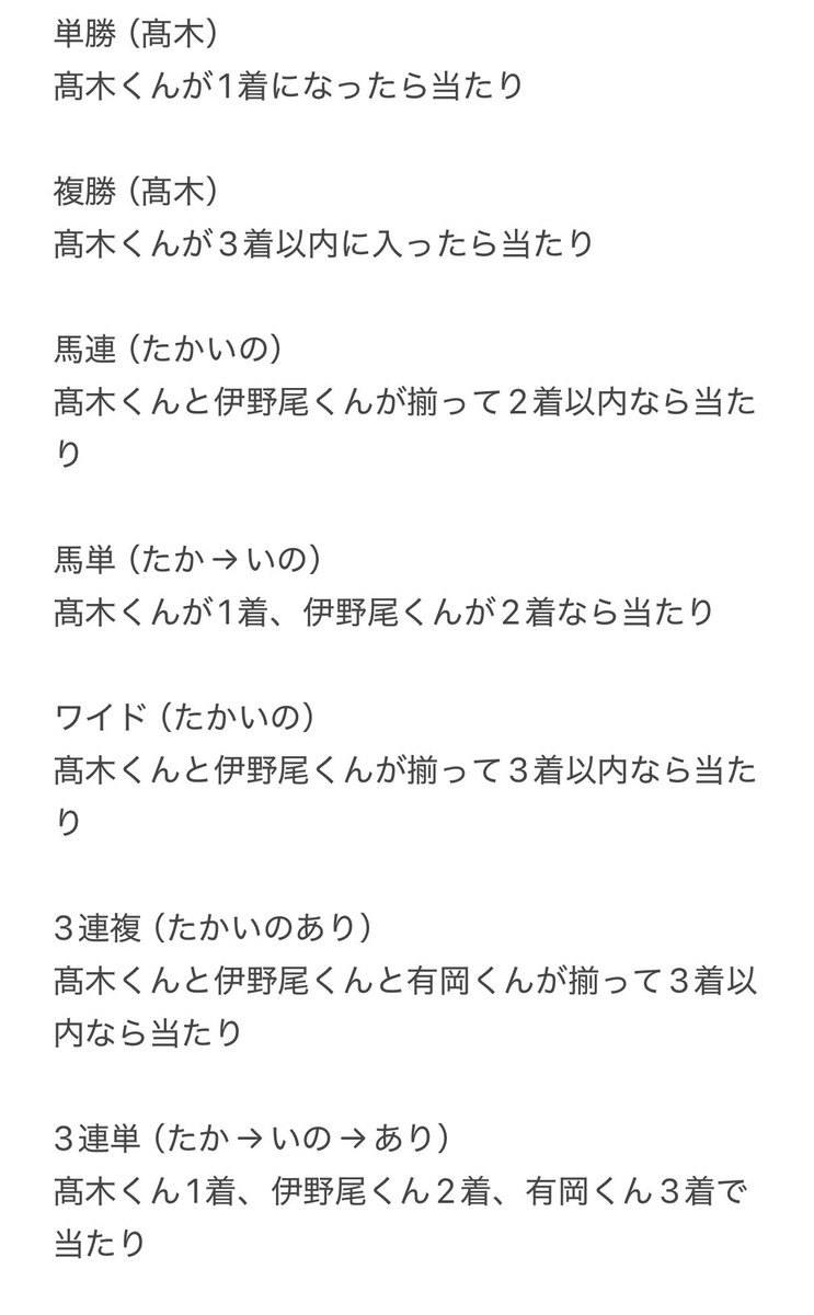 mugipacca's tweet photo. 有馬記念で競馬をはじめるJUMP担へ！馬券の種類です！カッコ内は予想！個人的に初心者にオススメの買い方はワイドです！ https://t.co/28MxHRvdMY