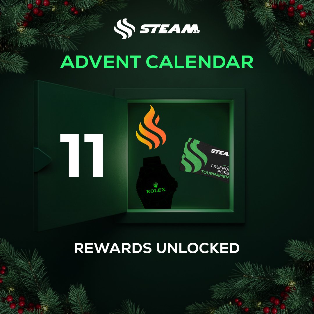 Steam22's tweet image. Day 11 of our advent calendar giveaway!

 → Today's Prizes: 2x Rolex Entry, 15x Poker Spots, 3x 25k HEAT
 → Winners: 20

To enter:

✅ Like + Follow @Steam22 + Join Discord
🔁 Repost
💬 Comment: What’s your dream prize?

Drawing in 24 hrs