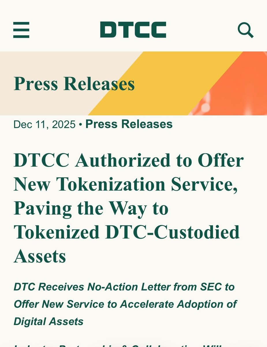 CryptosR_Us's tweet image. MASSIVE: SEC JUST GREENLIT THE TOKENIZATION OF WALL STREET

The SEC has officially approved the DTCC’s plan to tokenize stocks, bonds, and U.S. Treasuries - meaning the core plumbing of Wall Street can now move onto blockchain rails.

This is the same DTCC that settles $2…