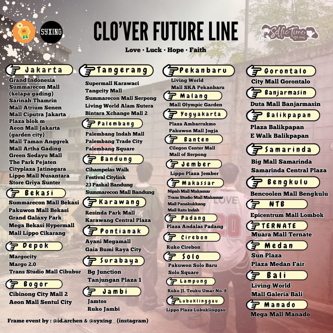 CLO’VER FUTURE LINE — Debut Photobooth Project
To celebrate the debut of Thailand’s newest boygroup CLO’VER <a href="/selfietimeid/">Selfie Time ID</a>
Project by : @syxing_  &amp; <a href="/id/">Ian</a>.archen (Ig)
📍 details ada di poster 
📆 Period: 11 — 25 December 2025
use the hashtags:
#CLOVERNextToYou #CLOVERIndonesiaProject