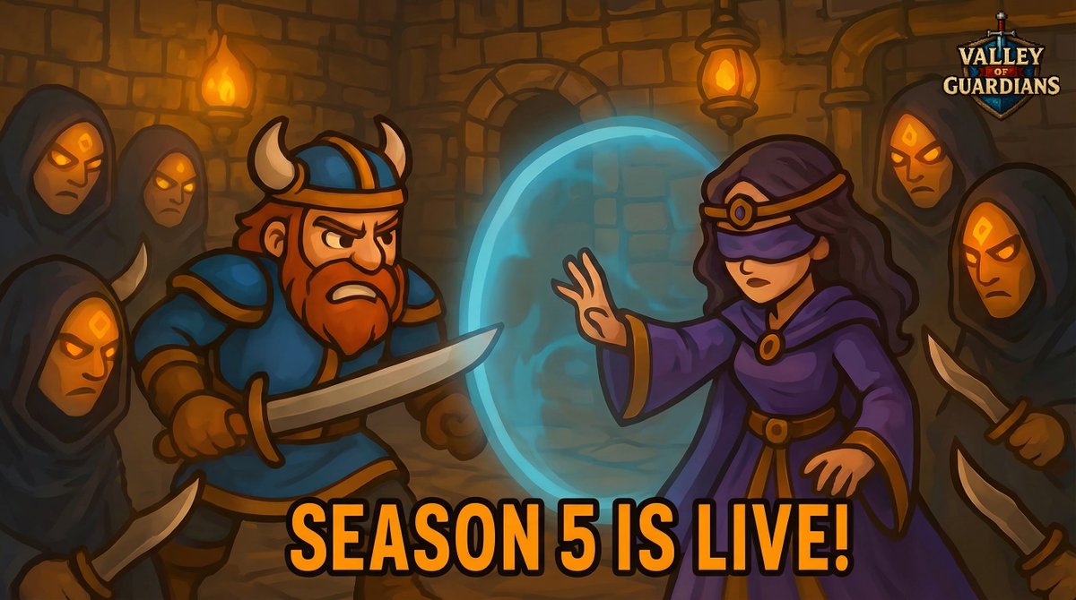 PlayVoG's tweet image. 🔥 Season 5 is LIVE 🔥
The Mad Wizard has arrived and the Valley is in chaos. ⚔️🧙‍♂️

🎁 50,000 GC Giveaway
• Like this tweet
• Comment with your Favorite Guardian

We will pick 5 winners randomly in 48 hours. 👀

🌐 Play now: valleyofguardians.xyz