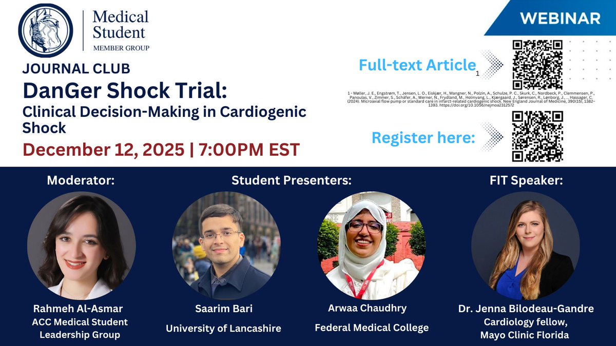 jacksonwahman's tweet photo. The next #ACCMedStudent Journal Club is here!

🔥 Topic: DanGer Shock Trial – Clinical Decision-Making in Cardiogenic Shock

🗓️ December 12 | 7 PM EST

Hear from our student presenters and FIT speaker Dr. Bilodeau-Gandre. Scan the QR code to register and join the discussion! https://t.co/sQPGcACjss