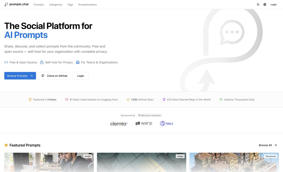 🔥 After years of being just a README file, prompts.chat is finally renewed! 🤩 And I'm genuinely excited about this one.

What started as a simple list has grown to 139k+ @GitHub stars and became the #1 most liked dataset on <a href="/huggingface/">Hugging Face</a>!

Now it's a full-fledged