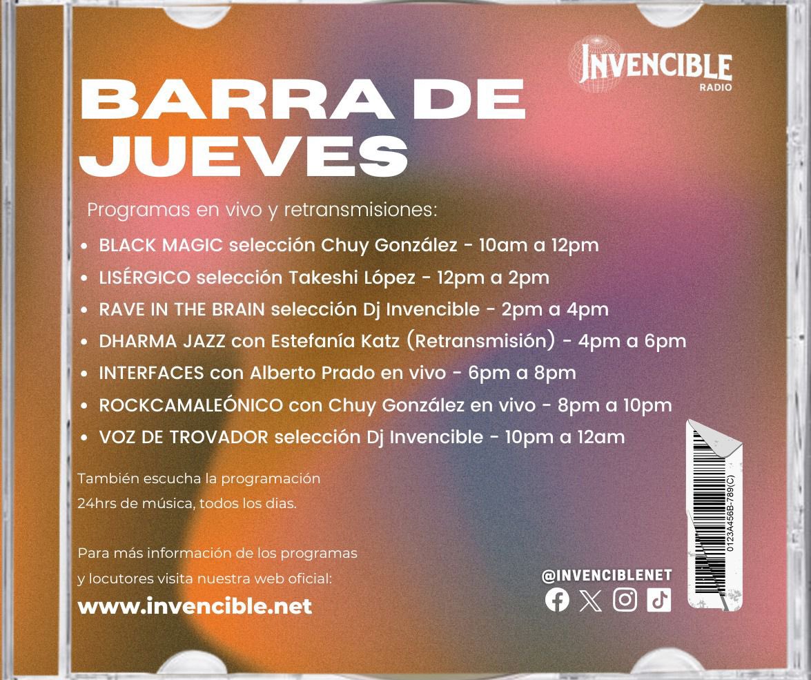 Jueves en #invencibleradio ⚡️🎧

Programas en vivo y mucha música entra y ponle play ▶️

🌐invencible.net

MyTuner &amp; TuneIn 
¡Alexa, reproduce Invencible Radio! 

#radioonline #radioenvivo #radioenespañol #radiopublica #juntossomosinvencibles