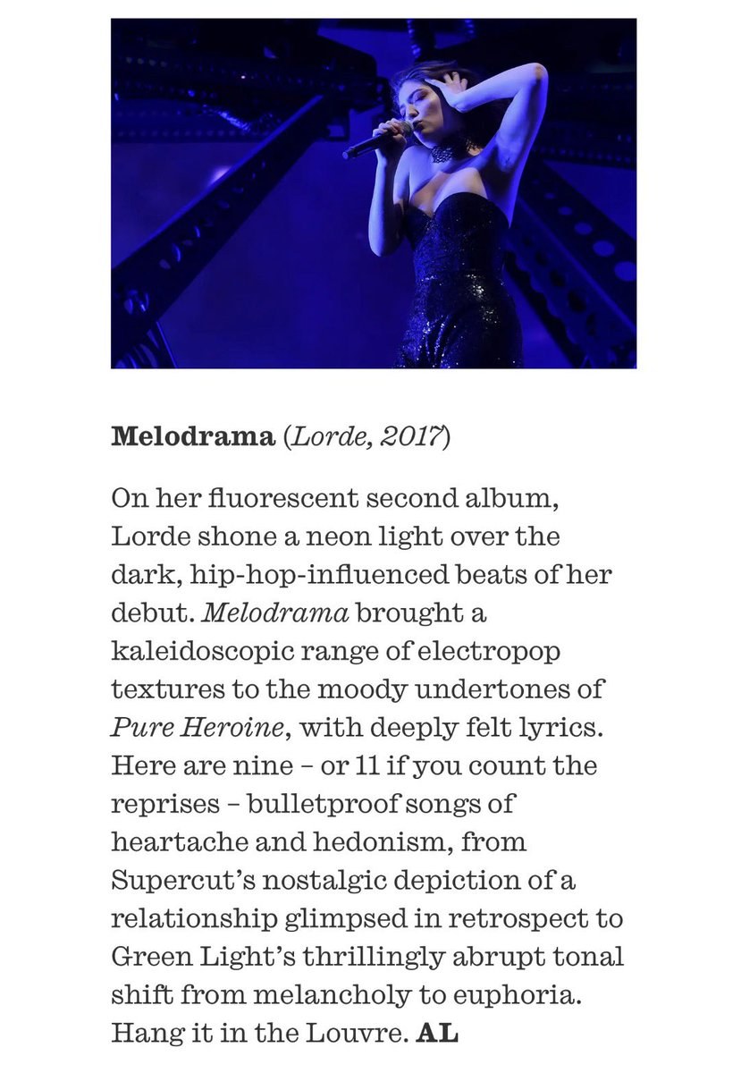 LordeUpdatesBR's tweet image. Melodrama was named one of the best albums of the century by The Observer.

— "A fluorescent, kaleidoscopic electropop masterpiece 9 (or 11!) bulletproof songs of heartache and hedonism, from supercut's nostalgia to green light's euphoric shift"

🔗 observer.co.uk/culture/music/…