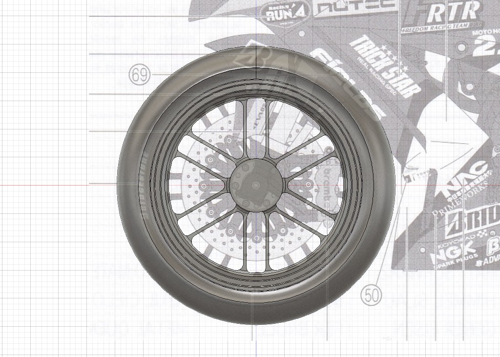 リアに続きフロントも16.5インチ化。サイズ基準はタミヤキットを参考
