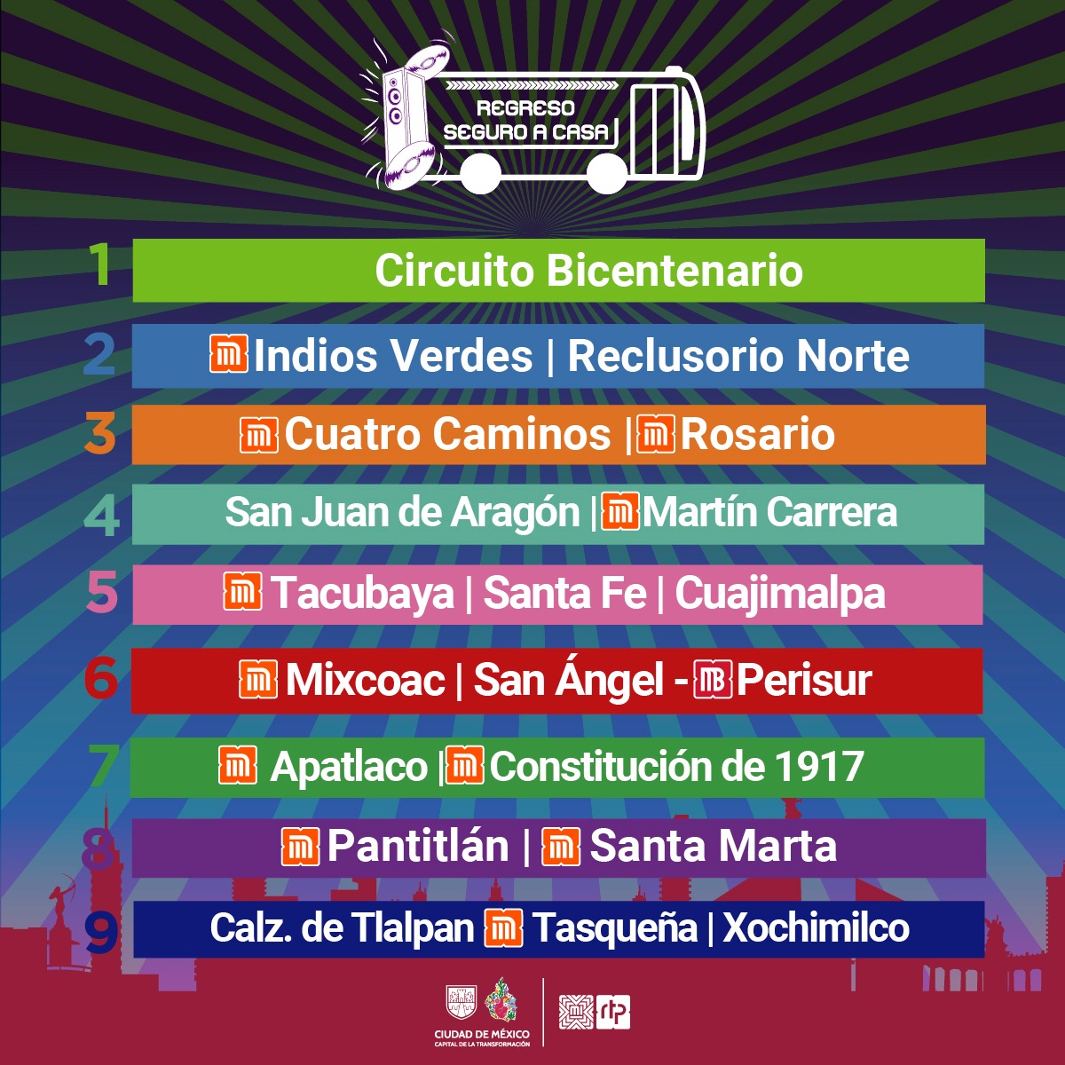 RTP_CiudadDeMex's tweet photo. ¡Atención! 🚍
#RegresoSeguroACasa de RTP, está de vuelta para el concierto de #BadBunny🐰🔥 
Con 9 rutas disponibles a un costo de: $20.00 pesos. https://t.co/XfZ4xIDqwb