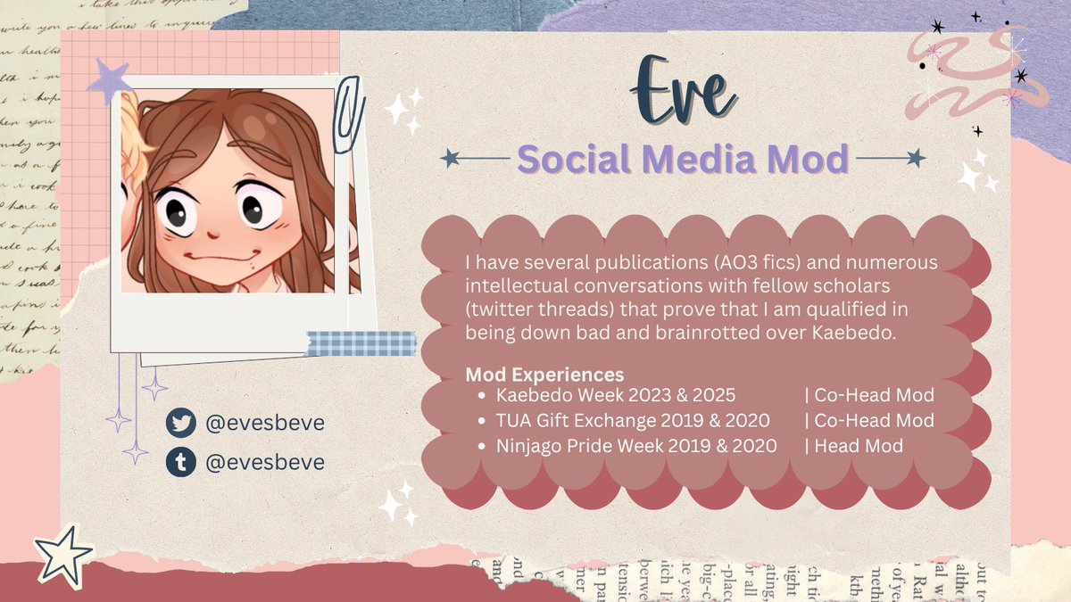 femkaebedo's tweet image. ⋆｡°✩ MOD INTRO ✩°｡⋆

Next up, our Social Media Mod Eve (@evesbeve)! With a passion for hosting and participating in fandom community events, and an even bigger passion for Kaebedo, she is here to answer your every inquiry! #kaebedo