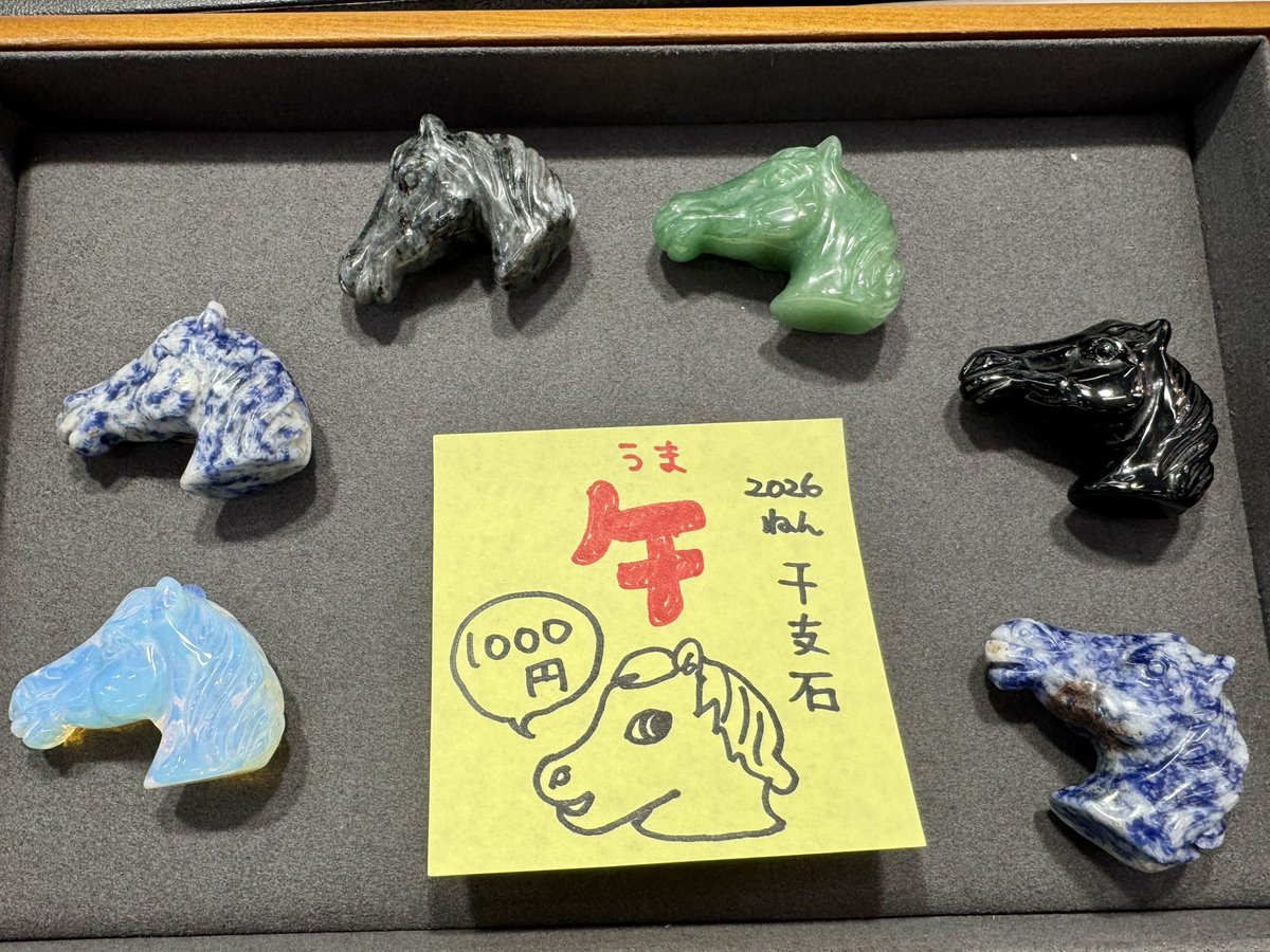 午年ストーン
右からラピスラズリ、オニキス、アベンチュリン、ラブラドライト、ソーダライト、合成ガラス🐴
1000円❣️