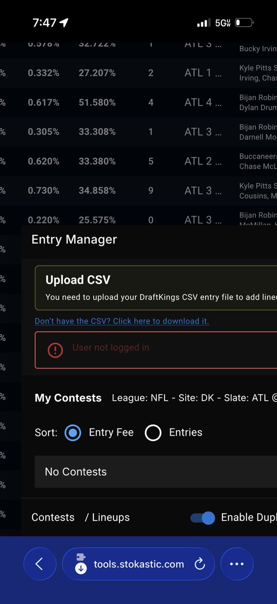 ChalkFader69's tweet photo. What the actual @Stokastic sims down omg. Try to upload my csv and it says “user not logged in” but says my name in the top right corner?? It’s 30 minutes til lock https://t.co/9i50Pm2RM0
