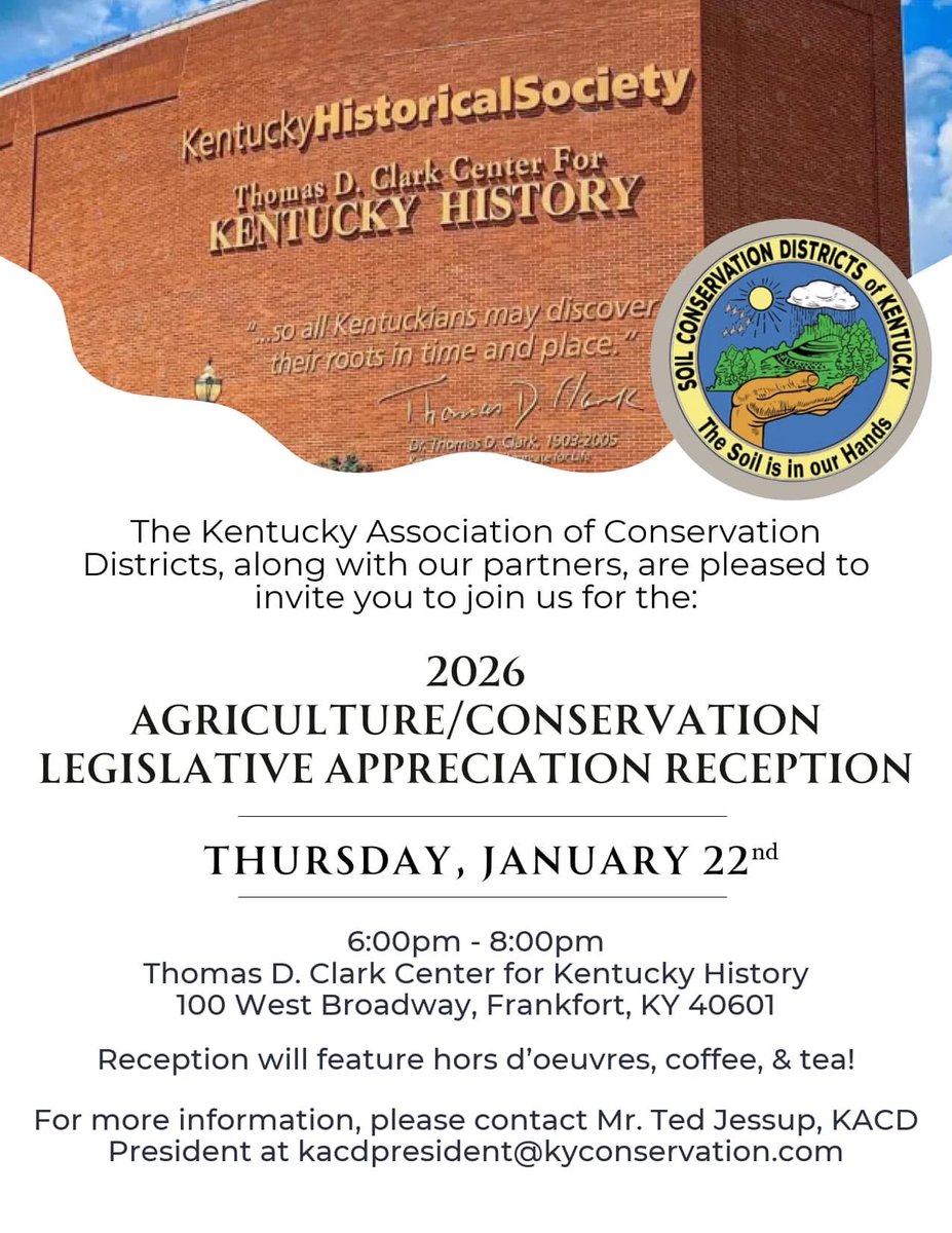 🎉 **Calling All Kentucky Legislators!** 🎉

The Kentucky Association of Conservation Districts (KACD) warmly invites you to our **Agriculture/Conservation Legislative Reception!**

#KYConservation #KACD #KYPolitics #KentuckyLegislature #Conservation #Agriculture #conserveky